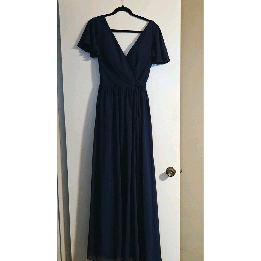 Loyeloy Navy Solid Maxi Dress V-Neck Flutter Sleeve 10